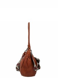 Borsa in pelle marrone con manico intrecciato, dotata di una tracolla in tessuto stampato. Forma arrotondata e texture morbida, ideale per l'uso quotidiano.