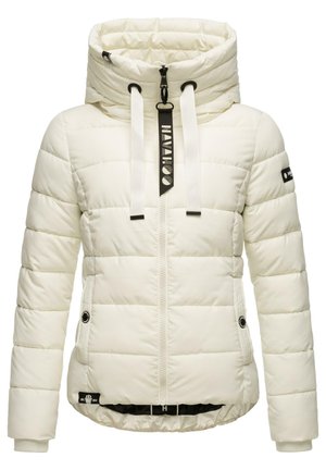 Veste en duvet blanche matelassée avec un col haut, fermeture éclair noire et cordons. Elle possède des poches latérales et des poignets côtelés.