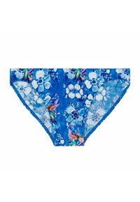 Blauer floraler Bikiniunterteil aus leichtem Material. Mit einem lebhaften Muster aus verschiedenen Blumendesigns und einer glatten Textur.