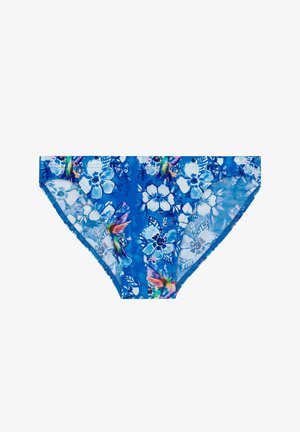 Blauwe bloemen bikini onderkant gemaakt van lichtgewicht materiaal. Kenmerkt zich door een levendig patroon met verschillende bloemontwerpen en een gladde textuur.