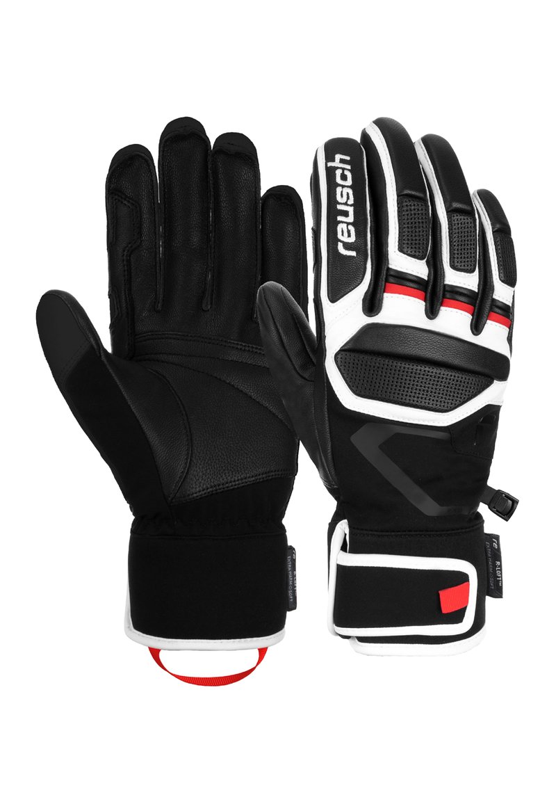 Guanti da sci bianco e nero con palmi in pelle, retro imbottito e polsini elastici. Presentano un accento rosso e punte rinforzate per una presa sicura.