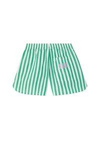 Shorts verts et blancs à rayures verticales avec une taille élastique et une poche arrière étiquetée "American Vintage."