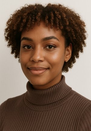 Maglione a coste marrone con colletto a lupetto; capelli corti e ricci; piccolo orecchino a cerchio d'oro; trucco naturale; illuminazione soffusa su uno sfondo neutro.