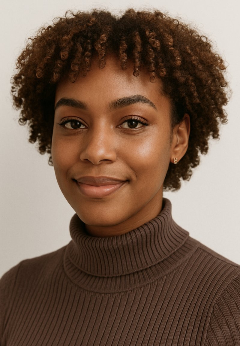 Maglione a coste marrone con colletto a lupetto; capelli corti e ricci; piccolo orecchino a cerchio d'oro; trucco naturale; illuminazione soffusa su uno sfondo neutro.
