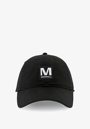 Black baseball cap made of fabric featuring a structured shape, adjustable strap, and a rectangular logo patch with "M" and "MERRELL."