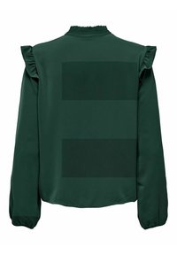 Blouse à manches longues vert foncé avec épaules froncées, col haut plissé et poignets élastiques, vue de dos.