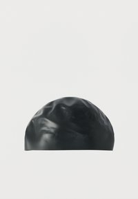 Black silicone swim cap with a smooth texture, rounded dome shape, and subtle creases, set against a white background.