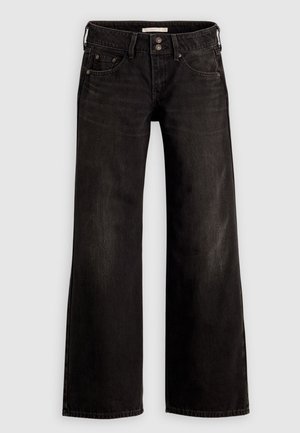 Jeans negros de pierna ancha con un acabado ligeramente desteñido, que cuentan con bolsillos frontales, cierre de cremallera y botón. Hechos de tela vaquera.