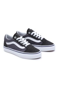 Zapatillas con glitter negro y plateado, con cordones blancos, diseño clásico de Vans, que presenta franjas laterales blancas y una suela azul contrastante.