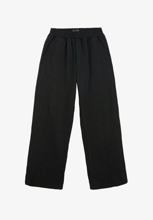 Czarne spodnie o szerokich nogawkach wykonane z miękkiego materiału, wyposażone w elastyczny pas i kieszenie boczne z estetycznym przeszyciem.