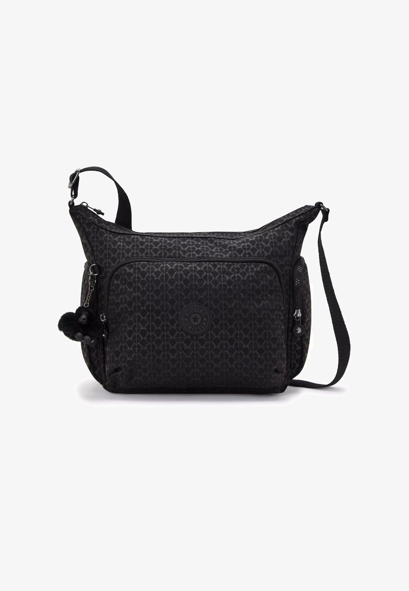 Black textured crossbody bag featuring a geometric pattern, a front zip pocket, a round logo patch, and a pom-pom accent.