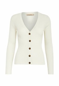 Kermavan ribbed cardigan with long sleeves and a deep V-neckline, featuring five brown buttons down the front for closure.