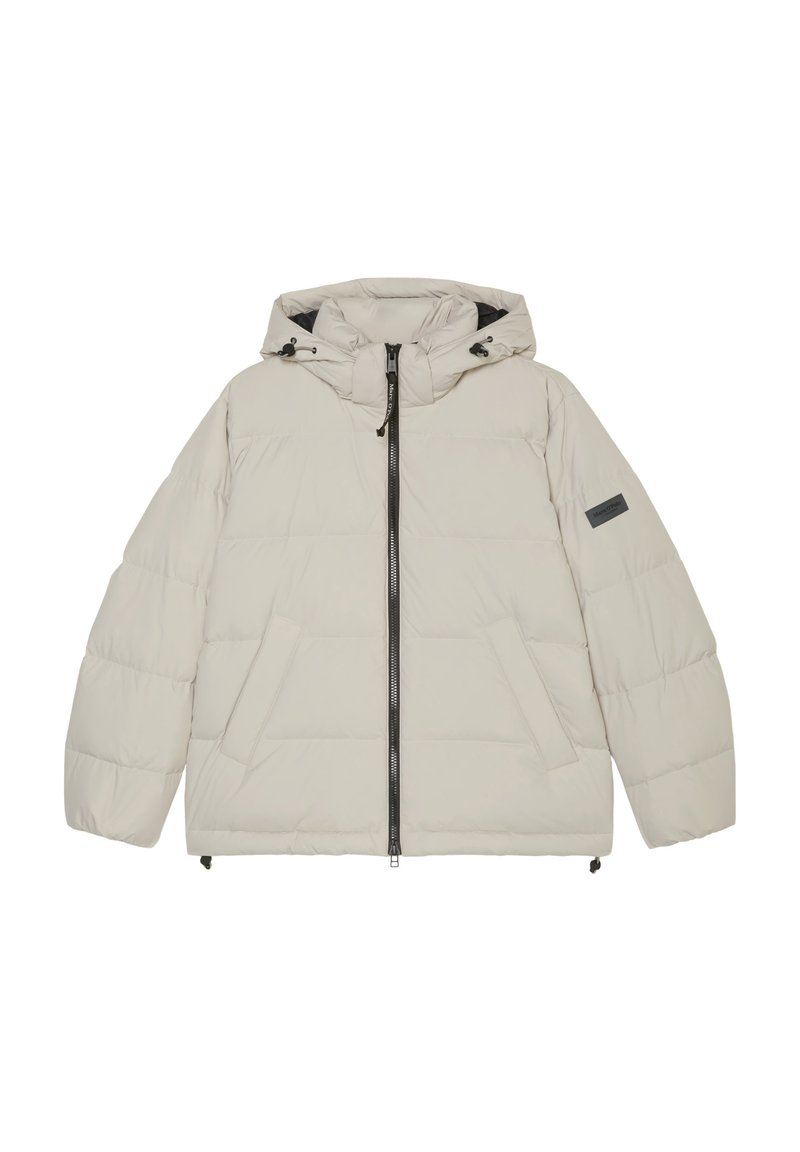 Hellgraue Pufferjacke mit Kapuze, Reißverschluss, zwei Fronttaschen und verstellbaren Kordeln. Mit einem schwarzen Akzentlabel.