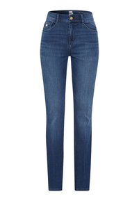 Slim-fit donkerblauwe denim jeans met een hoge tailleband, vijf zakken en subtiele stikdetails. Soepele textuur en klassiek ontwerp.