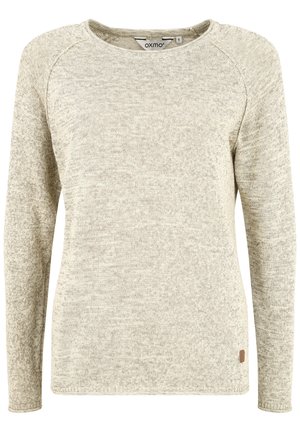 Lys beige langermet genser med et teksturert strikkemønster, rund hals og et lite merke på nederste venstre side.