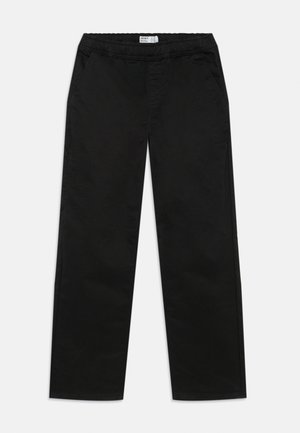 Pantaloni neri con elastico in vita, dotati di tasche laterali, design a gamba dritta, texture liscia e uno stile minimalista privo di motivi o dettagli.
