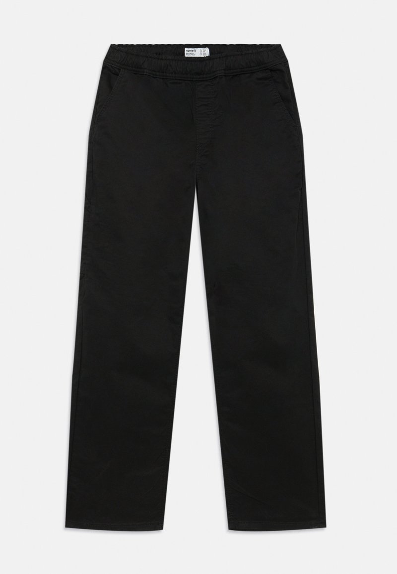Pantalones negros con cintura elástica, bolsillos laterales, diseño de pierna recta, textura suave y un estilo minimalista sin patrones ni acentos.