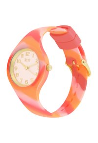 Orologio da polso in silicone colorato con un motivo marmorizzato in rosa e arancio, dotato di un quadrante tondo, accenti dorati e un quadrante numerico semplice.