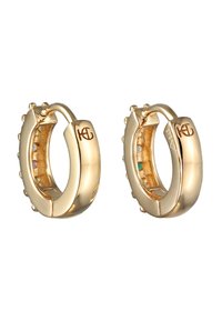 Guld hoop øreringe med et glat, afrundet design. Har små nitter langs den ydre kant og et logo indgraveret på låsen.
