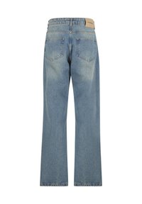 Rechte blauwe denim spijkerbroek, van achteren gezien met twee achterzakken en een beige merkpatch op de tailleband.