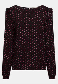 Schwarzes Langarmoberteil mit pinken Punkten, mit Rüschendetails an den Schultern und einem runden Ausschnitt. Weicher Stoff.