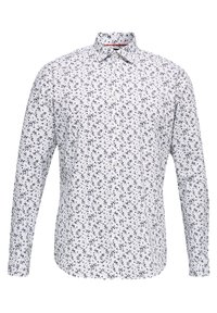 Chemise à manches longues en coton blanc, ornée d'un motif floral bleu marine, col pointu et coupe classique. Soulignée par des boutons contrastants.
