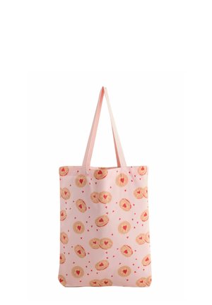 Pink fabric tote bag featuring a repeated pattern of heart-shaped cookies with red hearts, two sturdy pink handles, and a flat design.