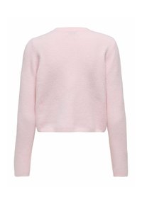 Pull court rose clair à manches longues avec une texture douce, montré de dos sur fond blanc.