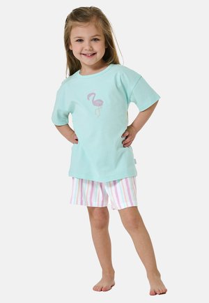 T-shirt in cotone azzurro chiaro con una grafica di fenicottero rosa, abbinata a pantaloni corti a righe in colori pastello. La modella è in piedi con le mani sui fianchi, a piedi nudi.