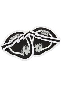 Zwart-witte gewichtheffen knie-sleeves met een gladde textuur, voorzien van een opvallend gorilla-logo en witte riemen voor een veilige bevestiging.