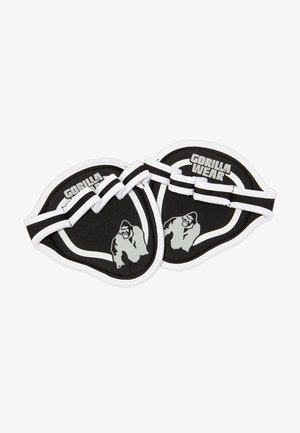 Zwart-witte gewichtheffen knie-sleeves met een gladde textuur, voorzien van een opvallend gorilla-logo en witte riemen voor een veilige bevestiging.