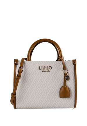Beige und braune Liu Jo Milano Handtasche mit gemustertem Stoff, zwei Griffen, verstellbarem Schulterriemen und Ledertag mit Metall-Logoanhänger.