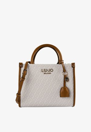 Bolso Liu Jo Milano beige y marrón con tejido estampado, doble asa, correa de hombro ajustable y etiqueta de cuero con encanto del logo metálico.