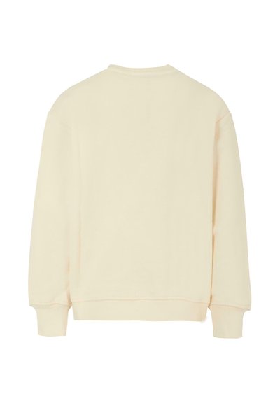 Felpa color crema con vestibilità rilassata, texture morbida, colletto rotondo e polsini e orlo a coste. Il retro è semplice e senza cuciture.