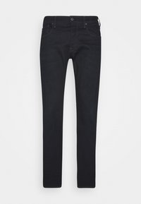 Jeans de mezclilla negra con un corte ajustado. Presentan un diseño clásico de cinco bolsillos, presillas para el cinturón y un acabado limpio con detalles de costura sutiles.