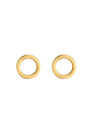 Gouden ronde oorbellen met een gladde, glanzende afwerking. Elke oorbel heeft een eenvoudig, minimalistisch ontwerp en een holle midden.