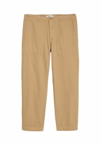 Khaki cotton pants with a straight cut, two front pockets, and a button closure. Features subtle stitching details and cuffed hems.