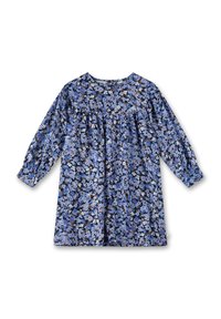 Blumen Kleid mit Rundhalsausschnitt und langen Ärmeln. Mit einem marineblauen Hintergrund und blauen sowie weißen Blumen. Weicher, leichter Stoff.