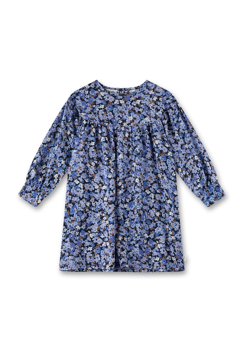 Blumen Kleid mit Rundhalsausschnitt und langen Ärmeln. Mit einem marineblauen Hintergrund und blauen sowie weißen Blumen. Weicher, leichter Stoff.