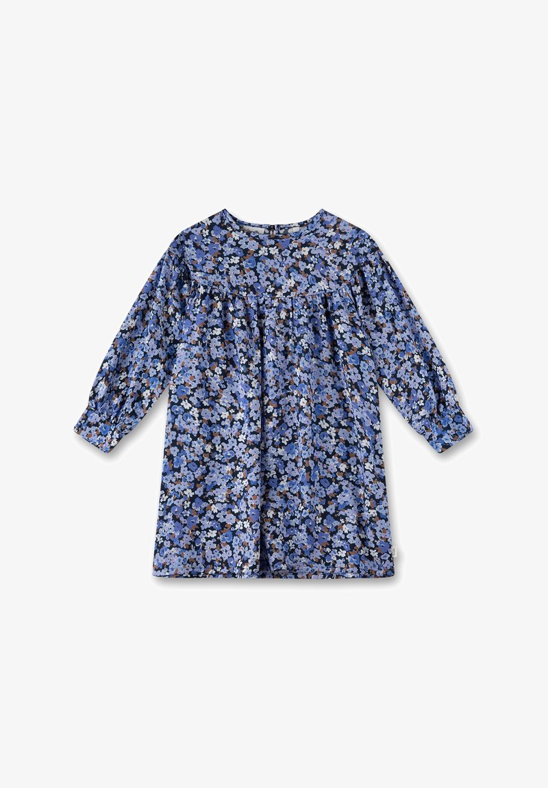 Blumen Kleid mit Rundhalsausschnitt und langen Ärmeln. Mit einem marineblauen Hintergrund und blauen sowie weißen Blumen. Weicher, leichter Stoff.