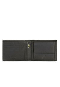 Cartera de cuero negra con múltiples compartimentos para tarjetas, un bolsillo para monedas y protección RFID. Textura suave con bordes cosidos y logotipos en relieve.