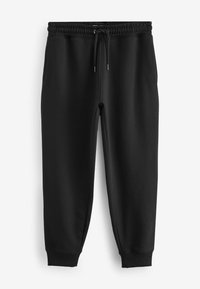 Pantalones de chándal negros con cinturilla elástica y cordón ajustable. Presentan puños acanalados y una textura suave y lisa.
