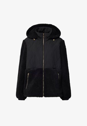 Black hooded jacket featuring a quilted upper section and faux fur sleeves and lower portion, with two zippered front pockets and gold accents.