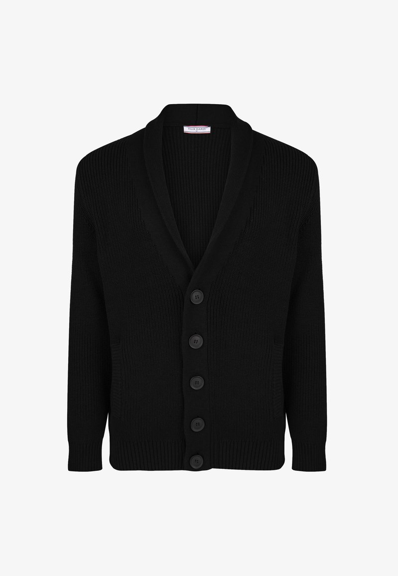 Zwarte gebreide cardigan met sjaalkraag, vijf knopen aan de voorkant en twee zijzakken, getoond tegen een witte achtergrond.