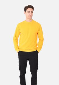 Felpa gialla a maniche lunghe e colletto a girocollo, abbinata a pantaloni cargo neri con tasche laterali. Design semplice e casual.