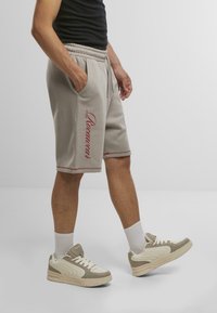 Grå shorts med røde detaljer og broderet tekst, sidelommer, elastisk talje, stylet med beige og hvide sneakers og hvide sokker.