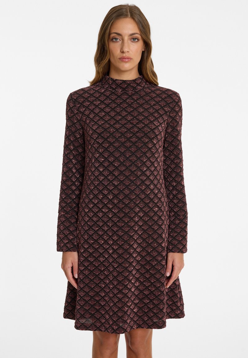 Long-sleeve, knee-length dress in dark burgundy with a textured diamond pattern. Features a high neckline and a flared skirt.