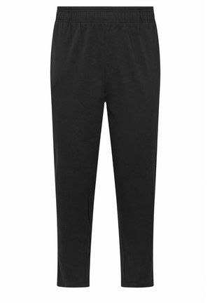 Schwarze, dehnbare Stoffhosen mit elastischem Bund, tailliertem Bein design und glatter Textur. Keine sichtbaren Taschen oder Muster.