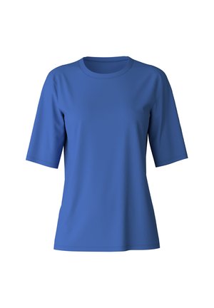 Blauwe kortekuy t-shirt met een ronde hals en een zachte textuur. Eenvoudig ontwerp zonder zichtbare patronen of accenten.