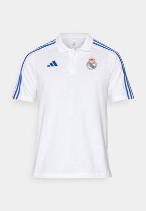 Valge puuvillane polo-särgid, millel on sinised triibud õlgadel, rinnal tikitud klubi logo ja klassikaline krae.